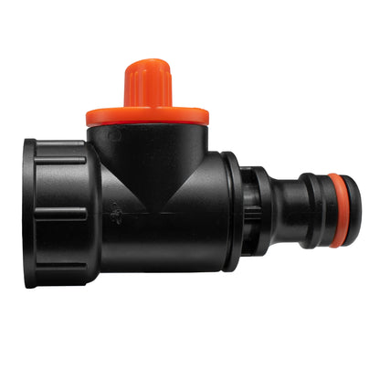 Black drain valve for dog bath with orange cap and hose connection
