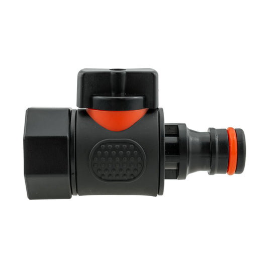Tap adapter with valve, 3/4" BSPF swivel male, snap-on fitting, orange seal ring