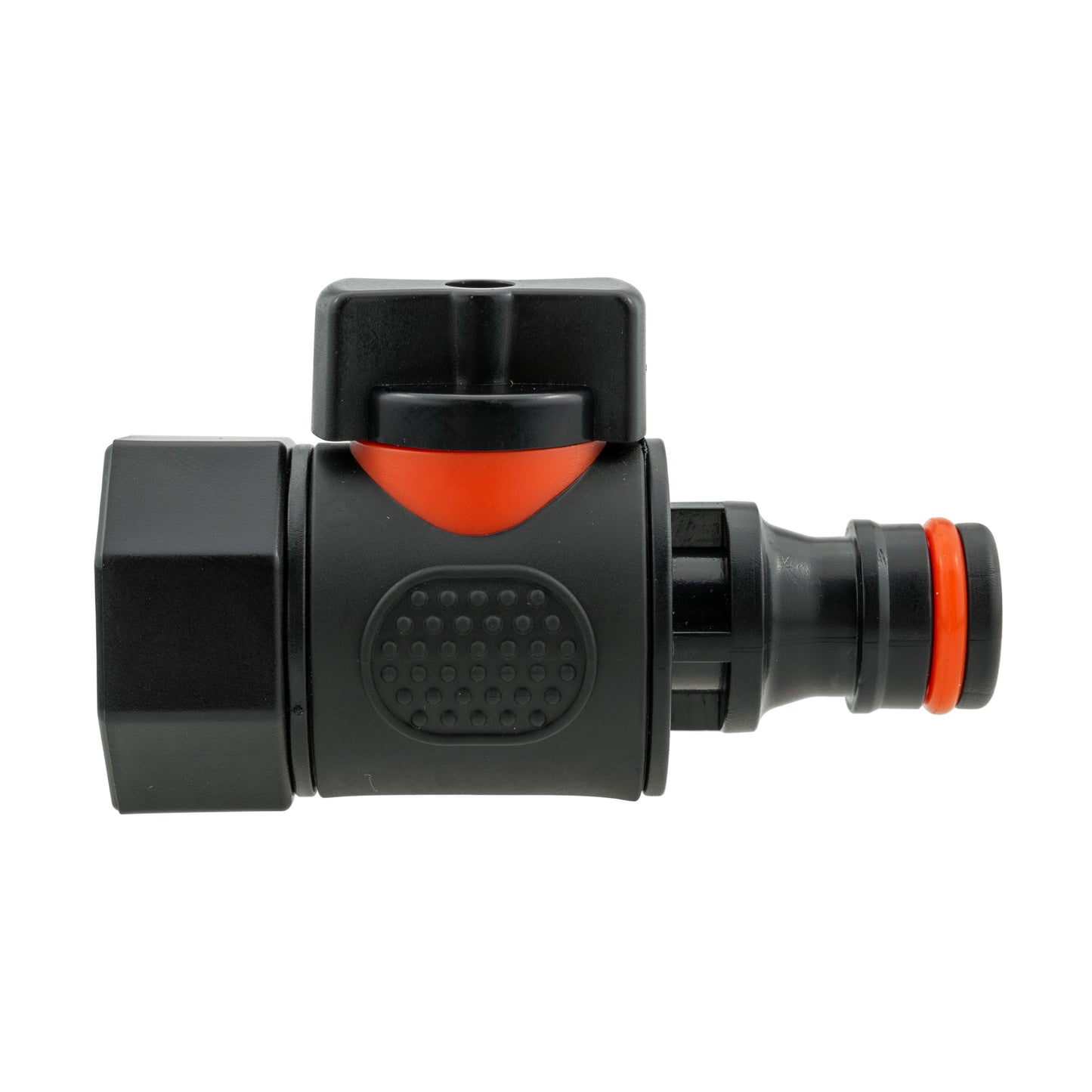 Straight quick-connect valve, black body with orange indicator and textured pad