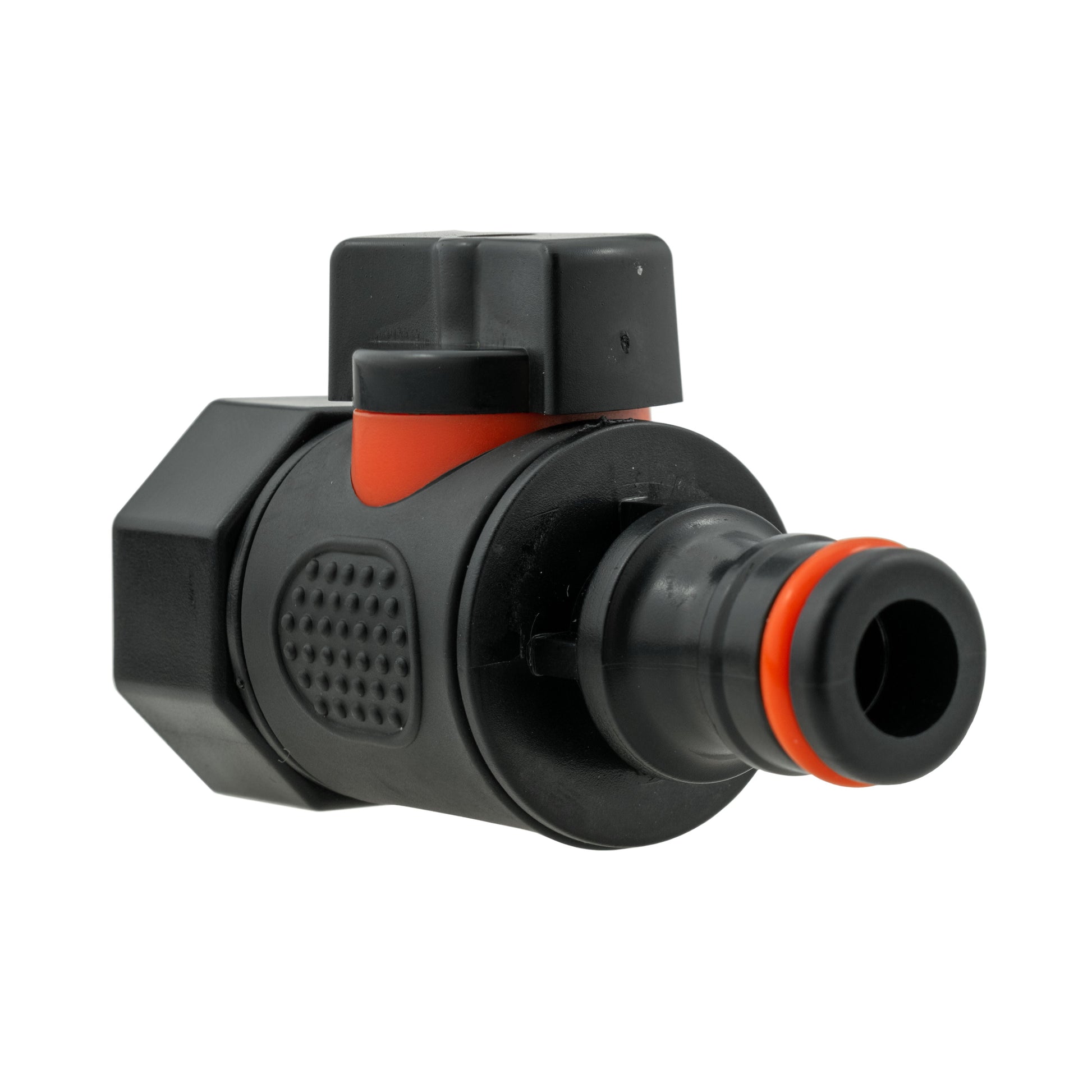 Black quick-connect hose connector, side view with orange sealing insert