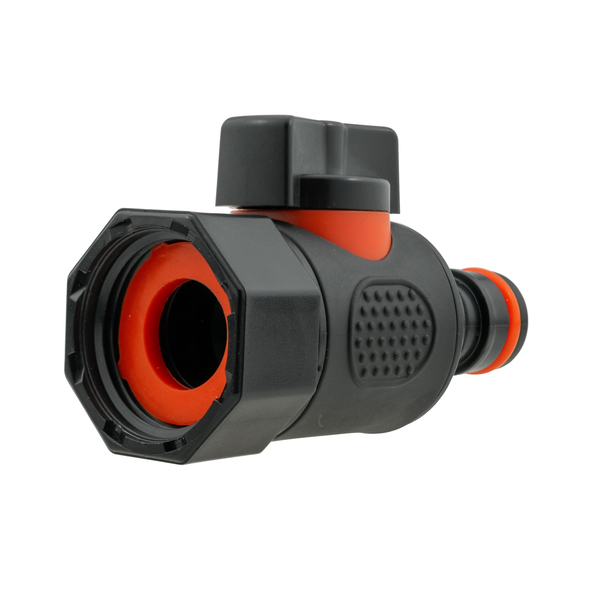 MDPE quick-connect valve connector with orange release ring, 4mm barb outlet—angled