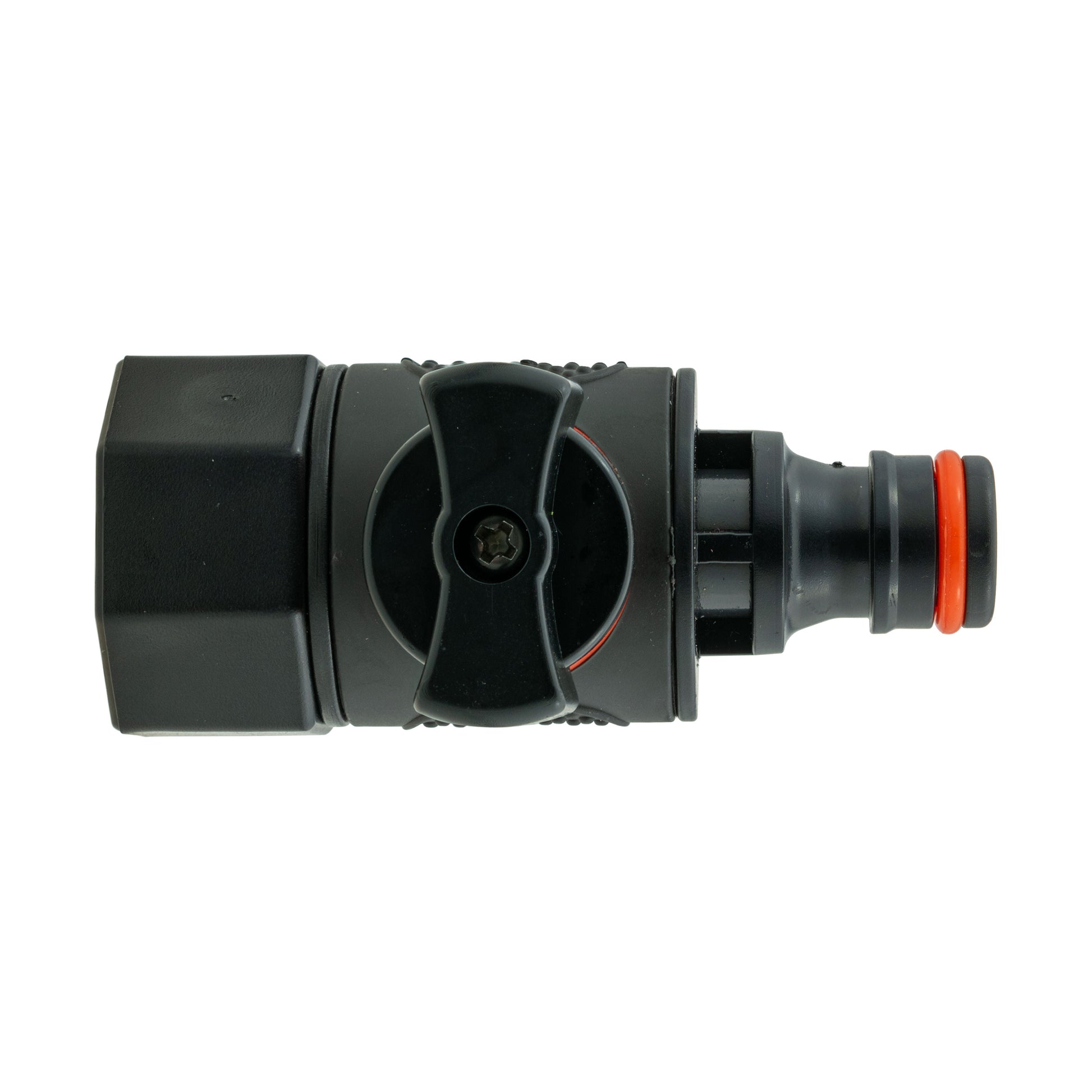 Black quick connect valve with central locking wheel and orange outlet ring, close-up
