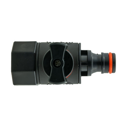 Black drain valve fitting with screw head and orange ring