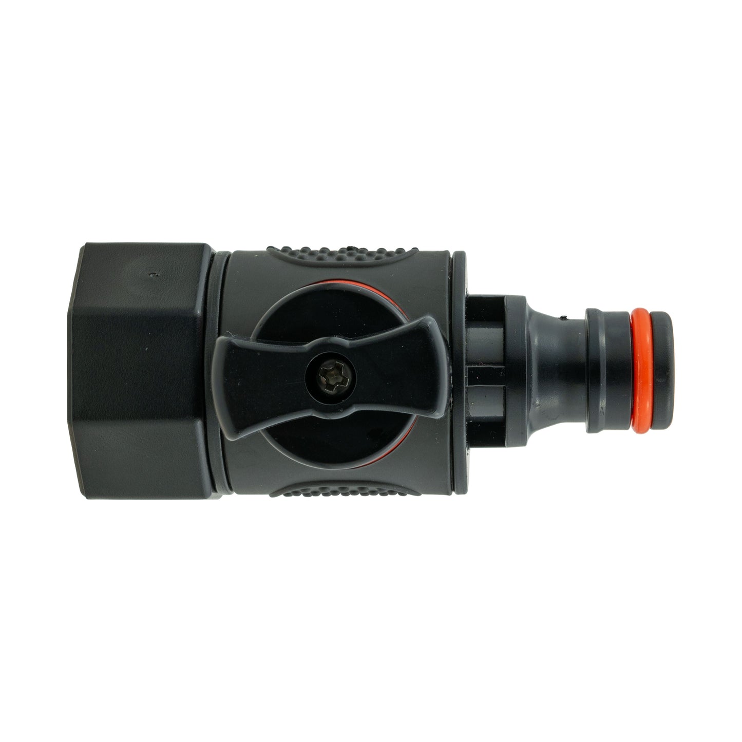 20mm MDPE straight quick-connect valve, circular lever on black body with orange seal