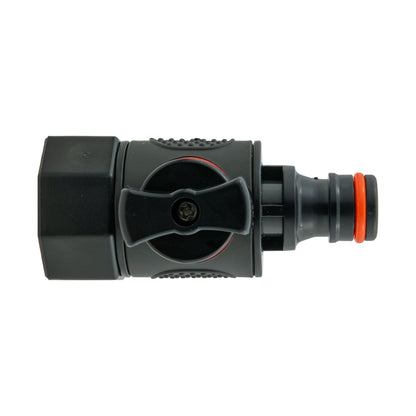 Valf hub with manual lever and orange O-ring seal near hose outlet