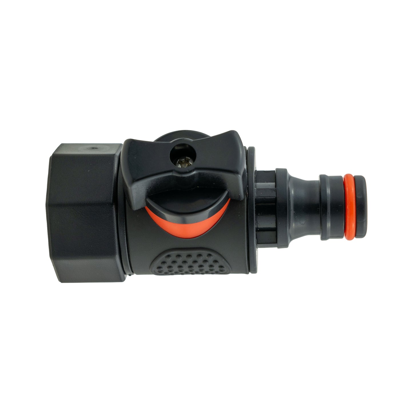 Black quick-connect hose valve with orange release ring, Geka type connector