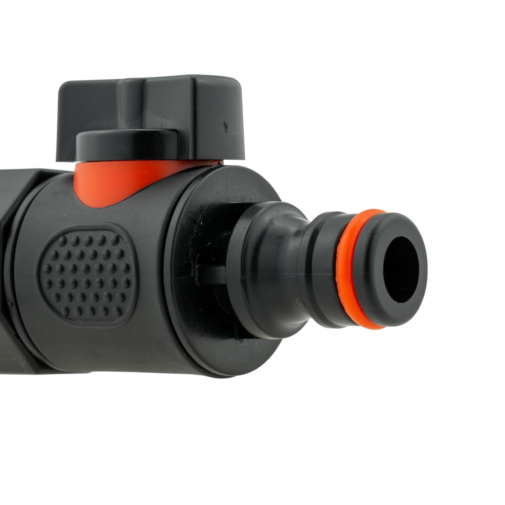 20mm MDPE straight quick-connect valve, close-up of grey body and orange ring