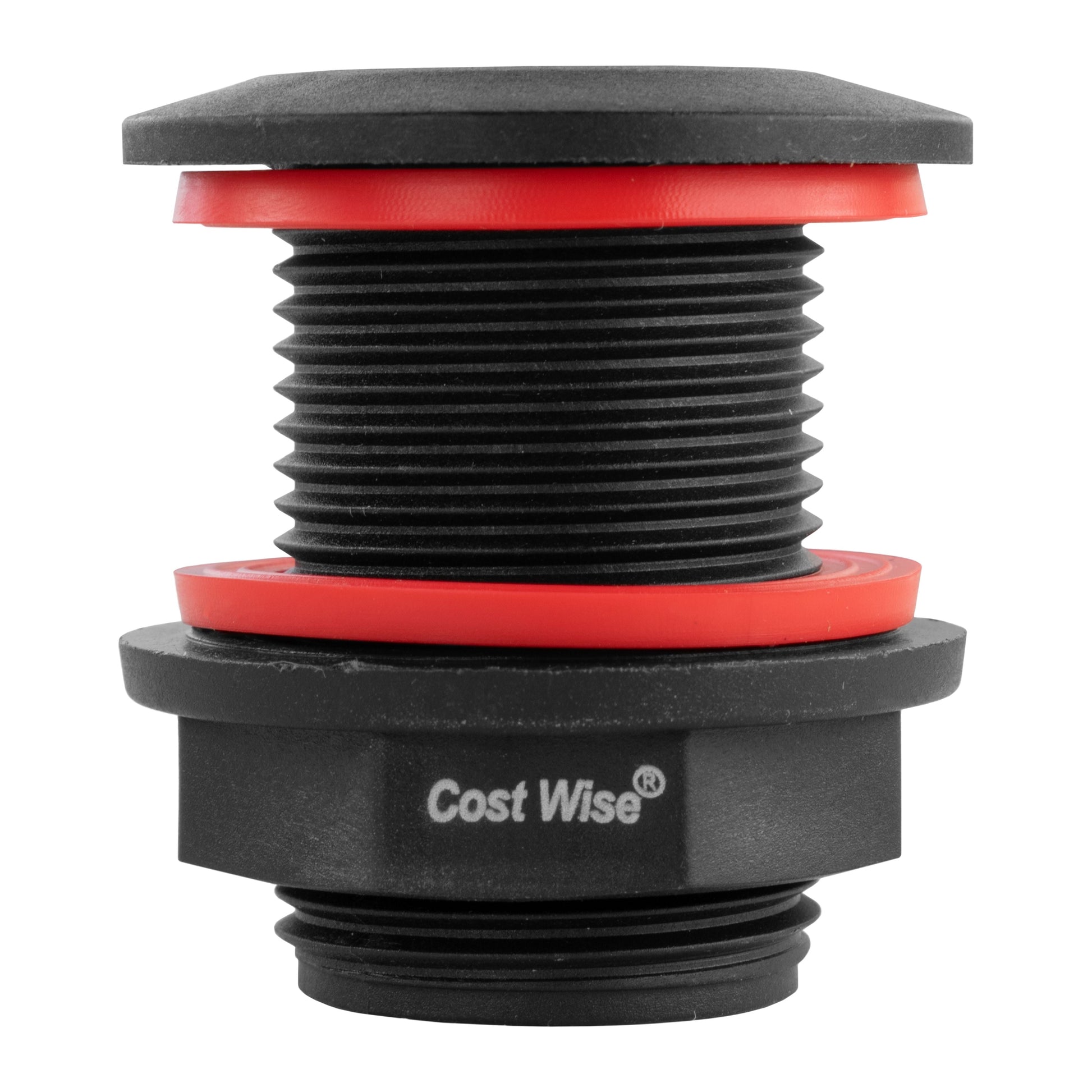 Drain valve with red seal and black threaded coupling for dog bath