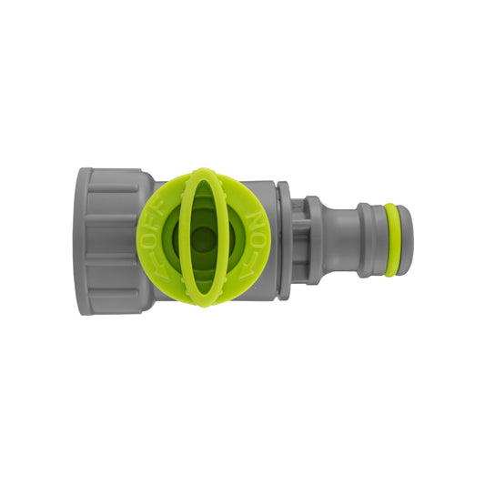 Lime tap adapter with valve, ¾” BSPF, snap-on connector—gray body with green insert
