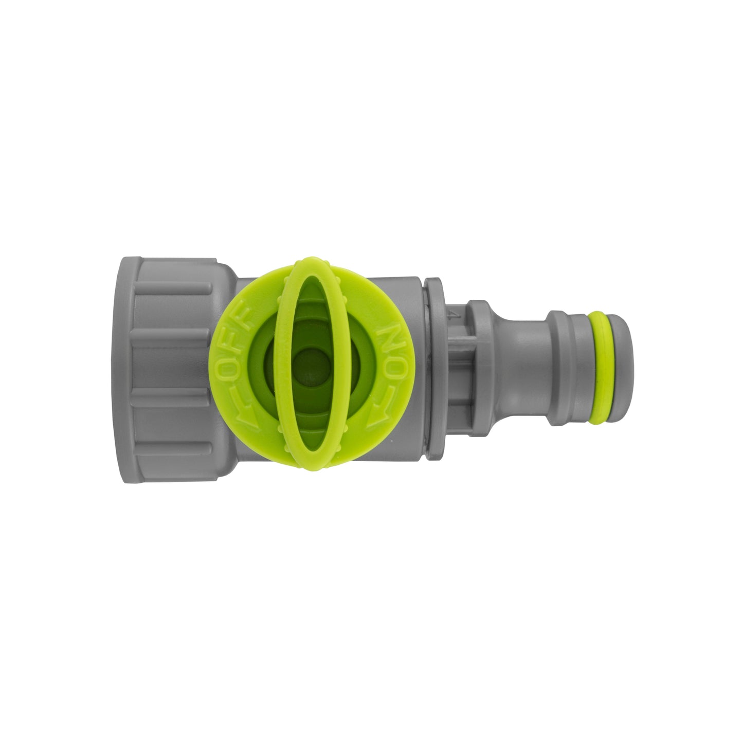 Drain valve close-up: grey fitting with lime central ring and outlet end