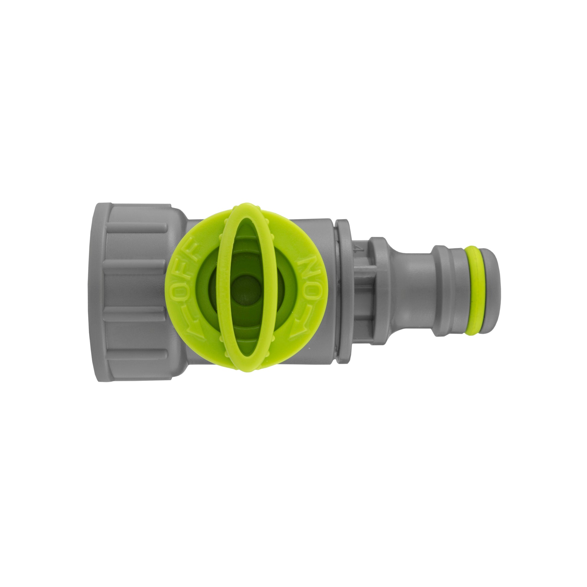 Drain valve close-up: grey fitting with lime central ring and outlet end