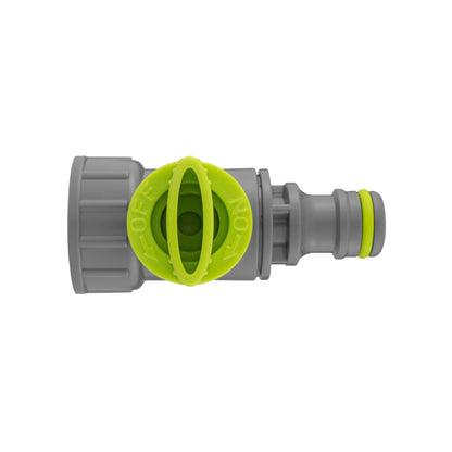 Drain valve close-up: grey fitting with lime central ring and outlet end