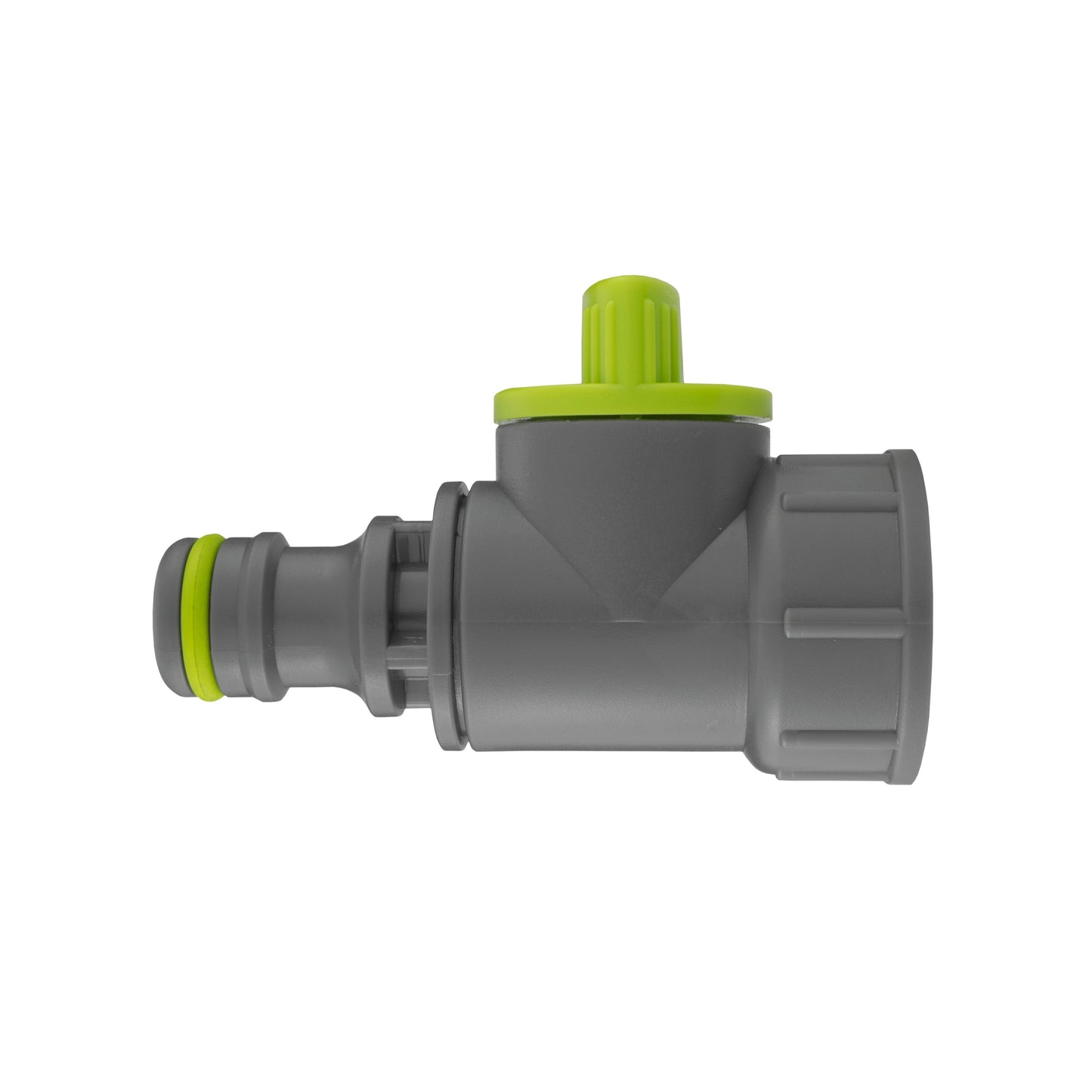 ¾” BSPF snap-on tap adapter with valve—side view, gray body with lime accents
