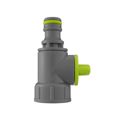 Drain valve side view: grey body with lime knob and outlet connection