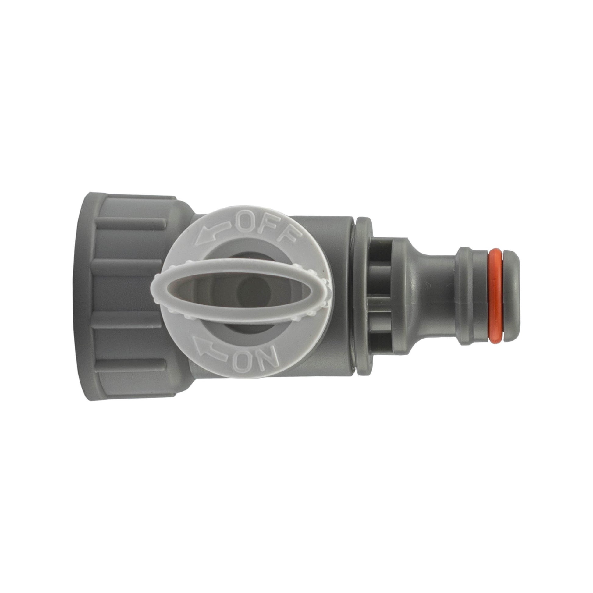 Tap adapter valve insert end with snap-on connection, grey fittings and orange ring