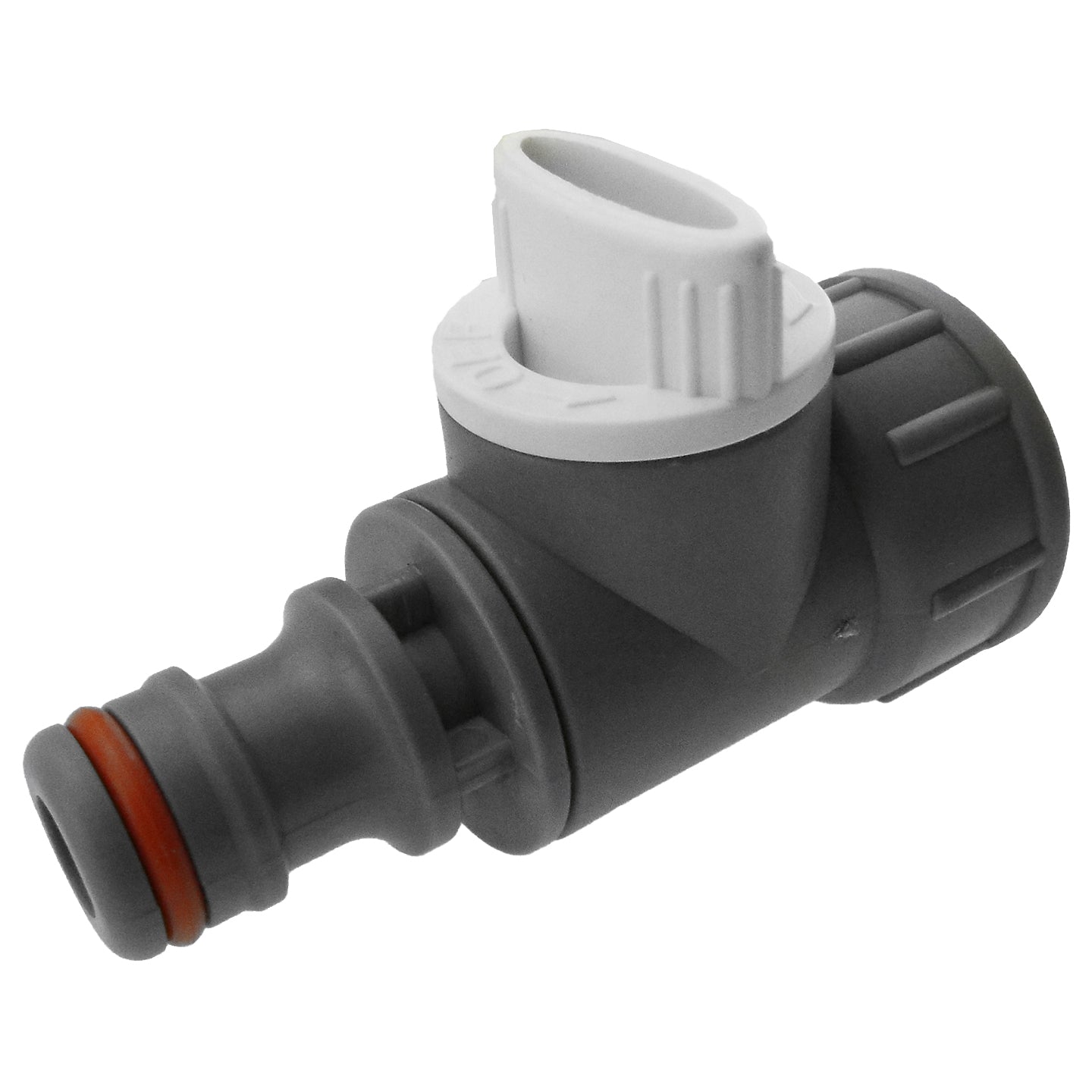 Tap adapter with valve, 3/4" BSPF threads and snap-on connector, dark and white parts