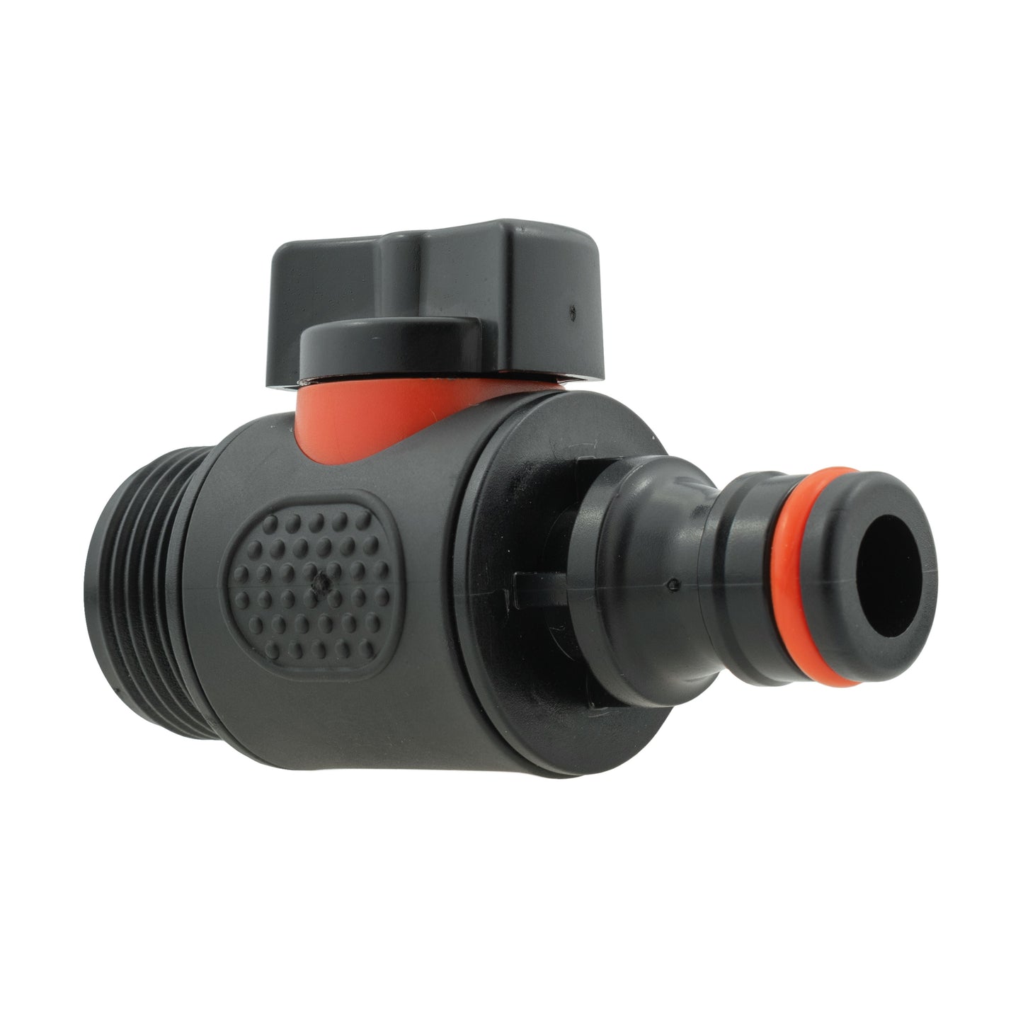 Soft Touch inline valve, black with red/orange accent and hose outlet end