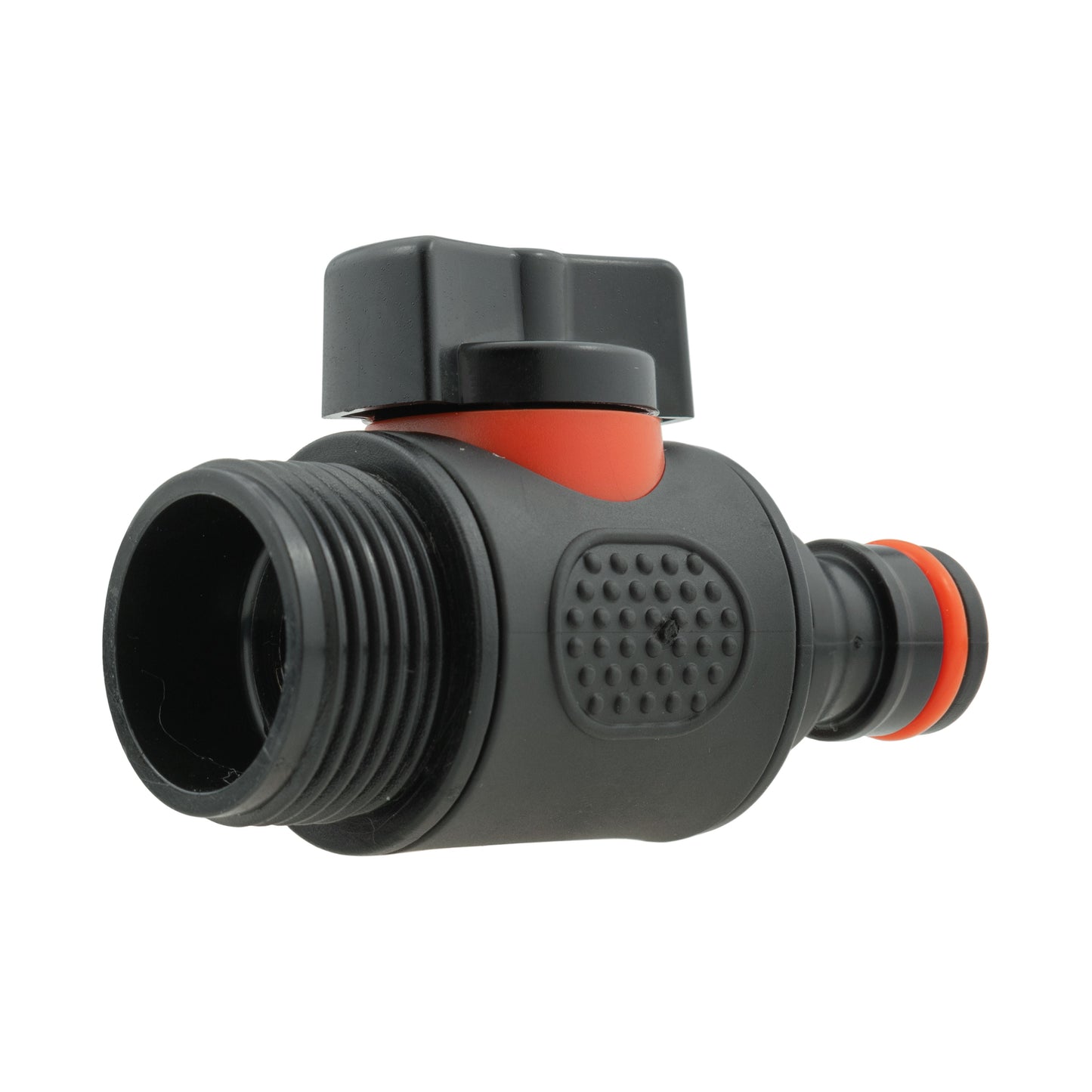Black inline valve with 3/4" threads, textured face and orange outlet ring