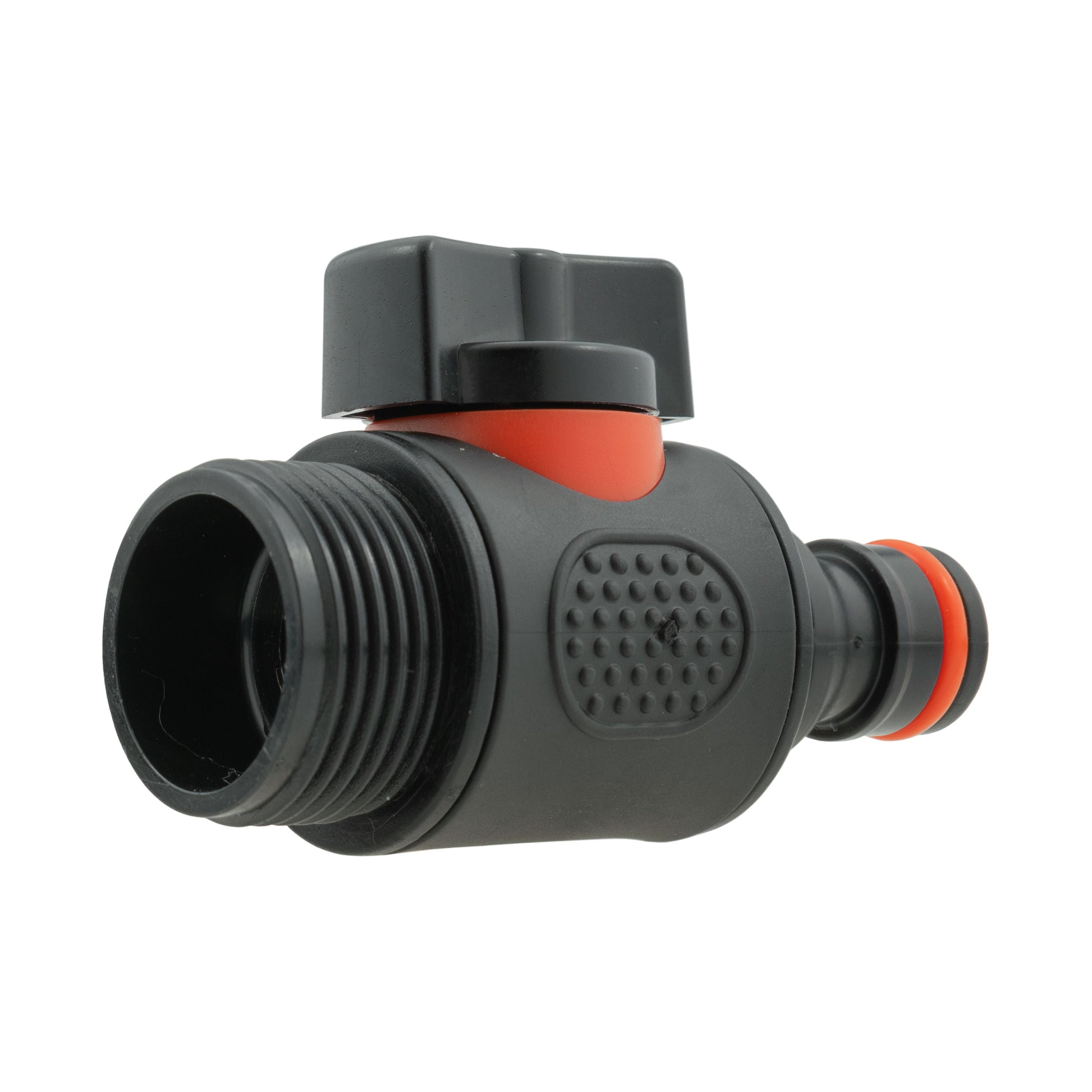 Black inline valve with 3/4" threads, textured face and orange outlet ring