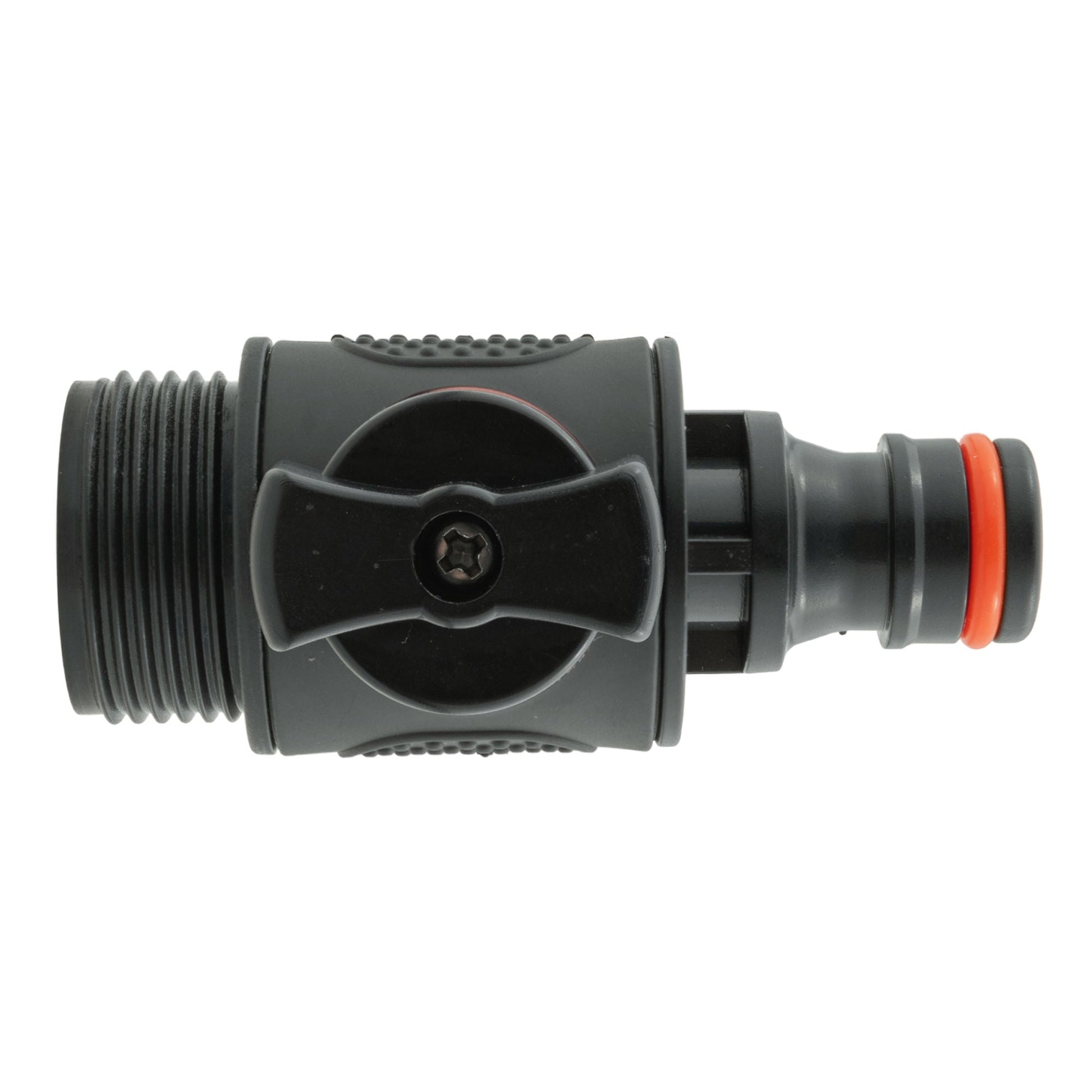 Inline valve face view, black body with orange button and textured grip