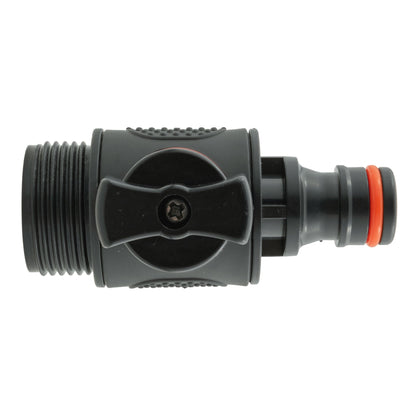 Inline valve face view, black body with orange button and textured grip