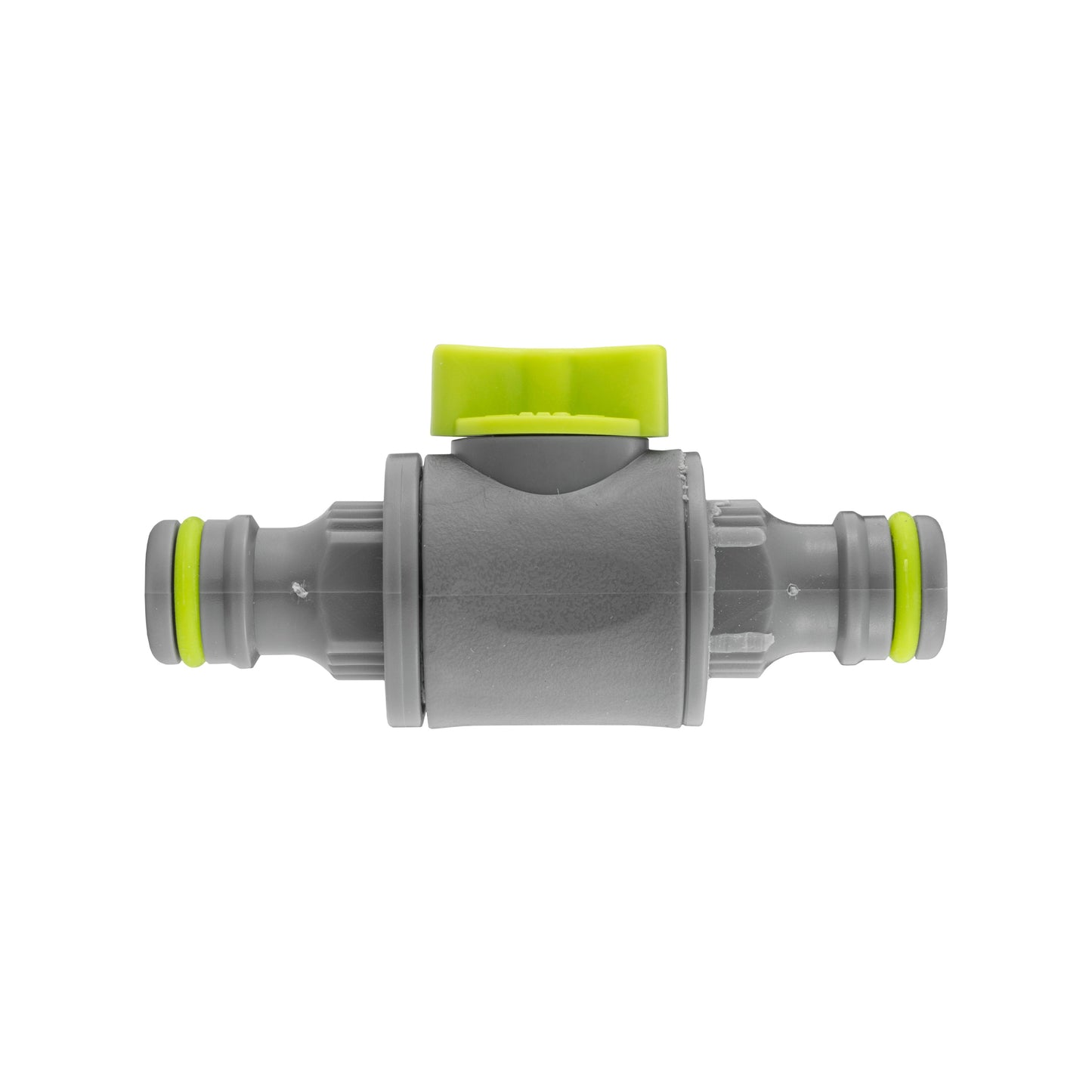 In-Line Valve Lime: graues In-Line-Ventil mit gelber Kappe, grüne Anschlussringe