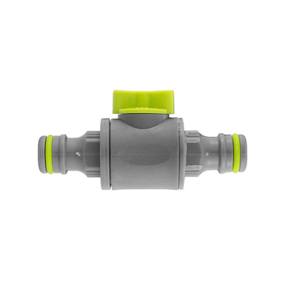 In-Line Valve Lime: graues In-Line-Ventil mit gelber Kappe, grüne Anschlussringe