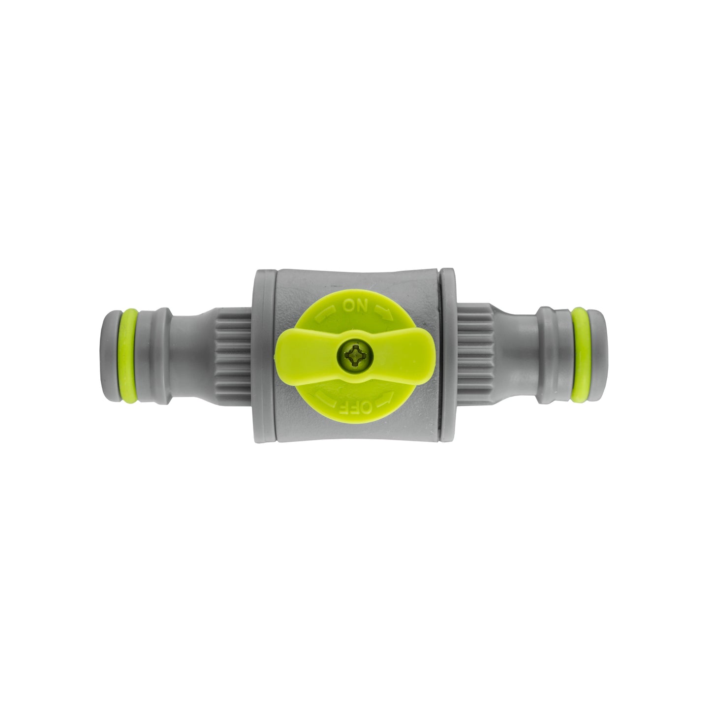 In-Line Valve Lime: graues Ventil mit gelbem Schieber, grüne Endringe