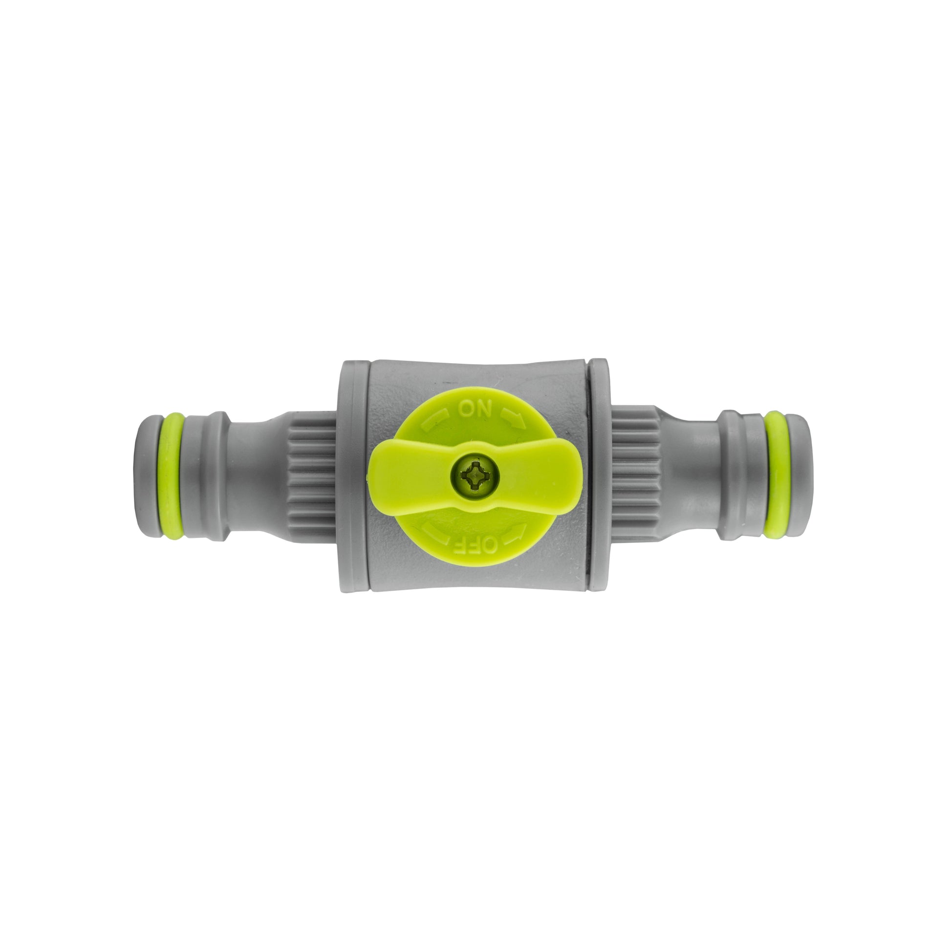 In-Line Valve Lime: graues Ventil mit gelbem Schieber, grüne Endringe
