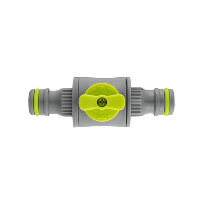 In-Line Valve Lime: graues Ventil mit gelbem Schieber, grüne Endringe