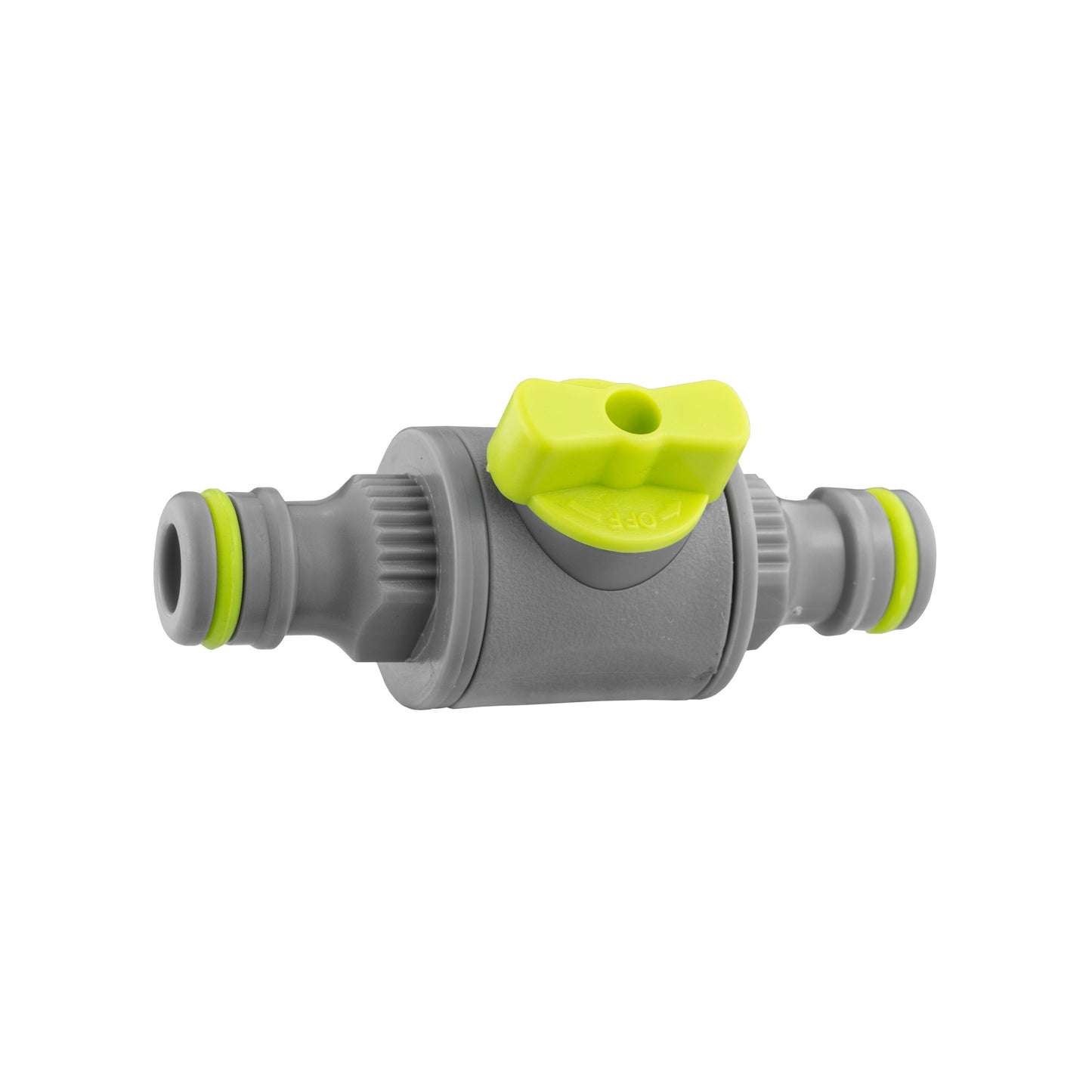 In-Line Valve Lime: graues Ventil mit gelbem Hebel, grüne Ringdichtungen links/rechts