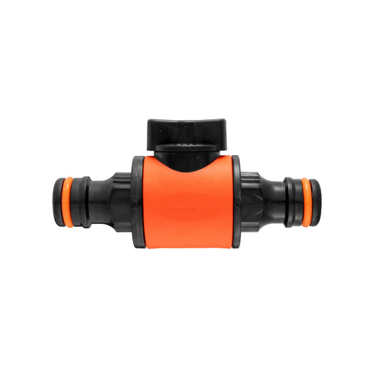 Snap-on in-line valve in black and orange with barbed ends