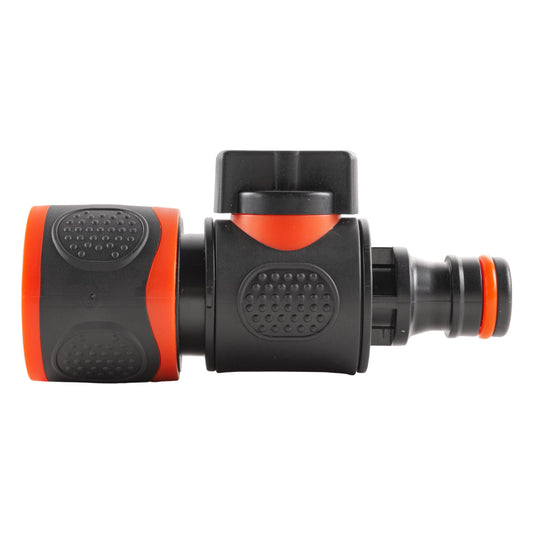 Black inline snap-on valve adapter, female-to-male, orange accents and textured grips