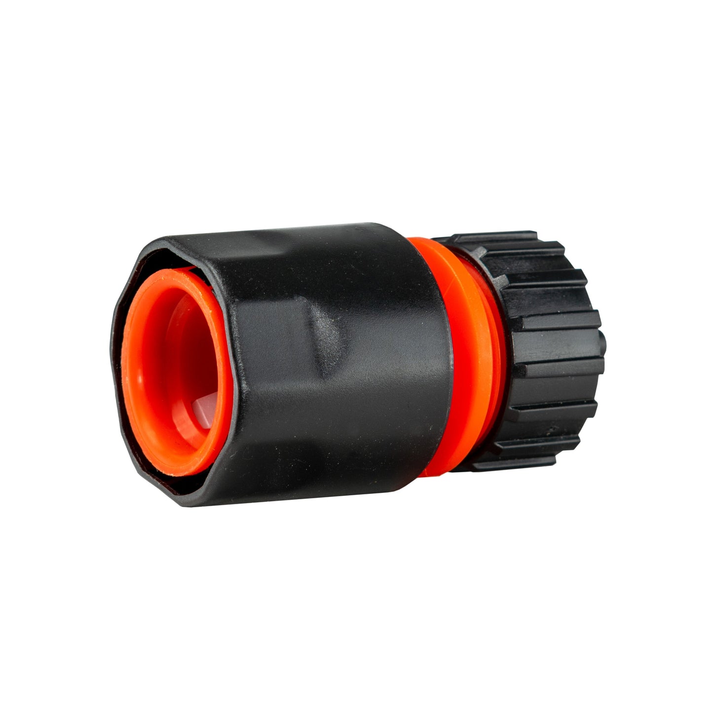 4mm hose barb end of 20mm MDPE quick-connect, black housing and orange insert