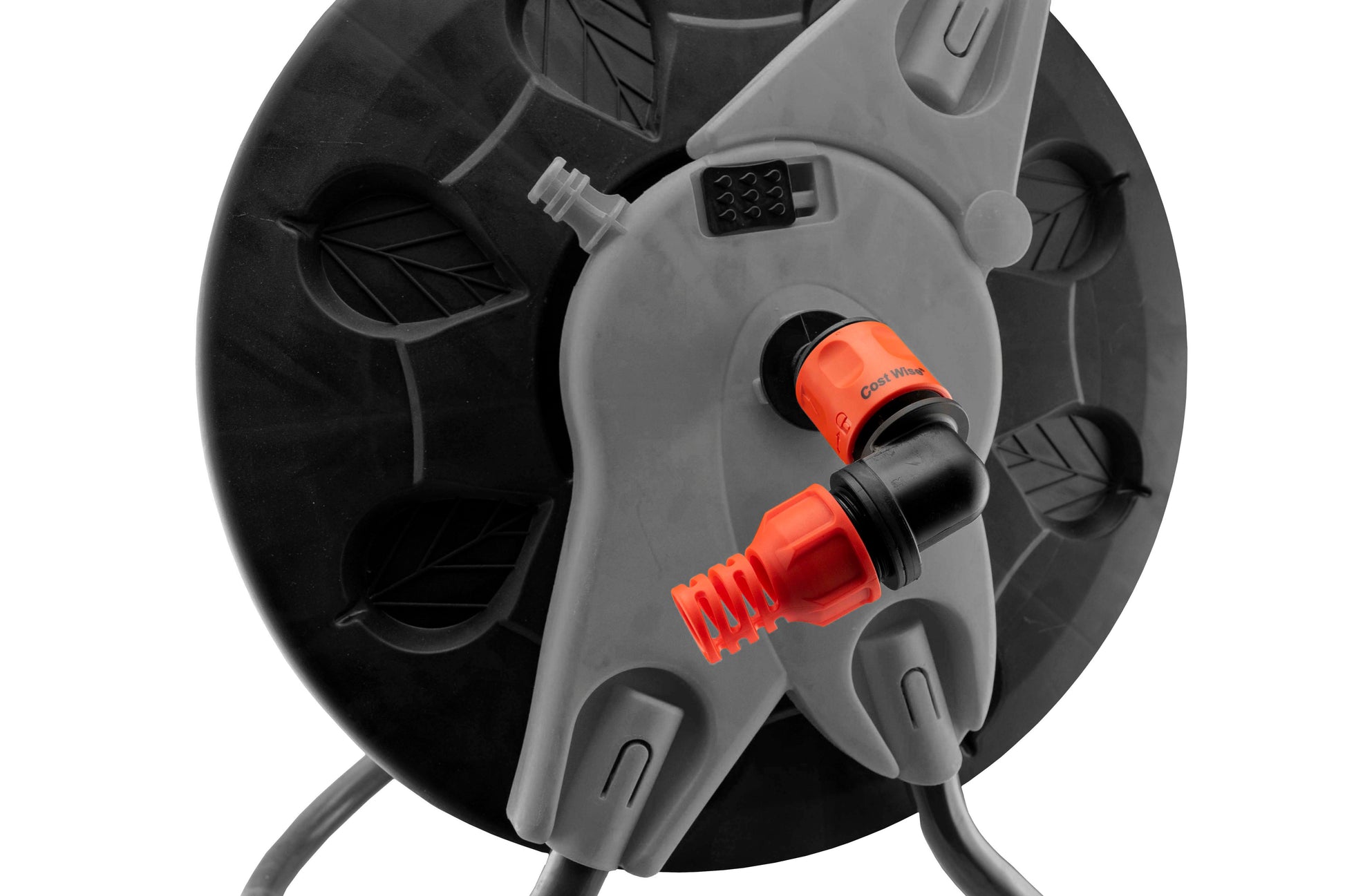 Orange and black hose connector with lock on grey reel base, visible inlet port