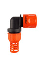 Orange and black 90° angle hose connector with twist-and-lock and hose protector