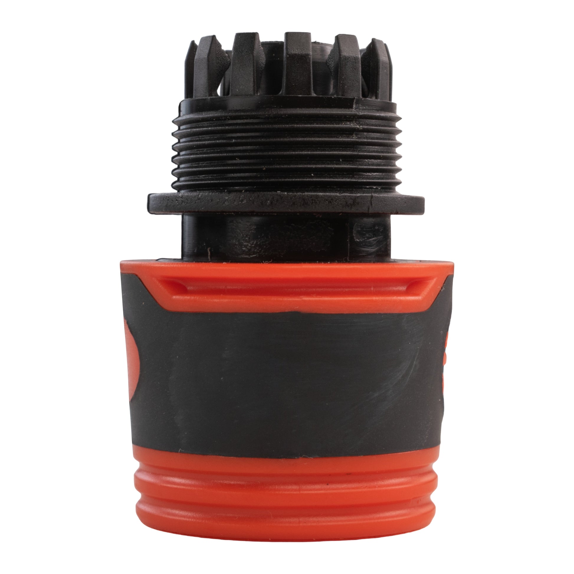 Threaded 3/4" BSP inlet on black connector with orange band and spout coupling