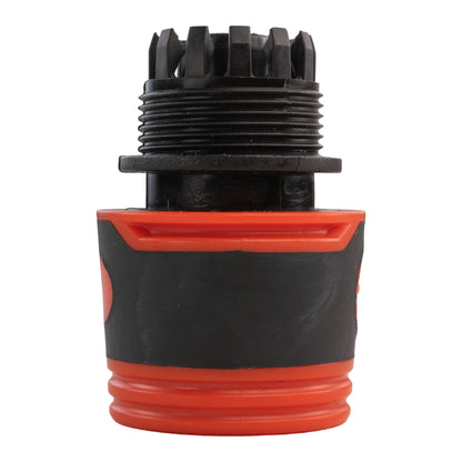 Threaded 3/4" BSP inlet on black connector with orange band and spout coupling