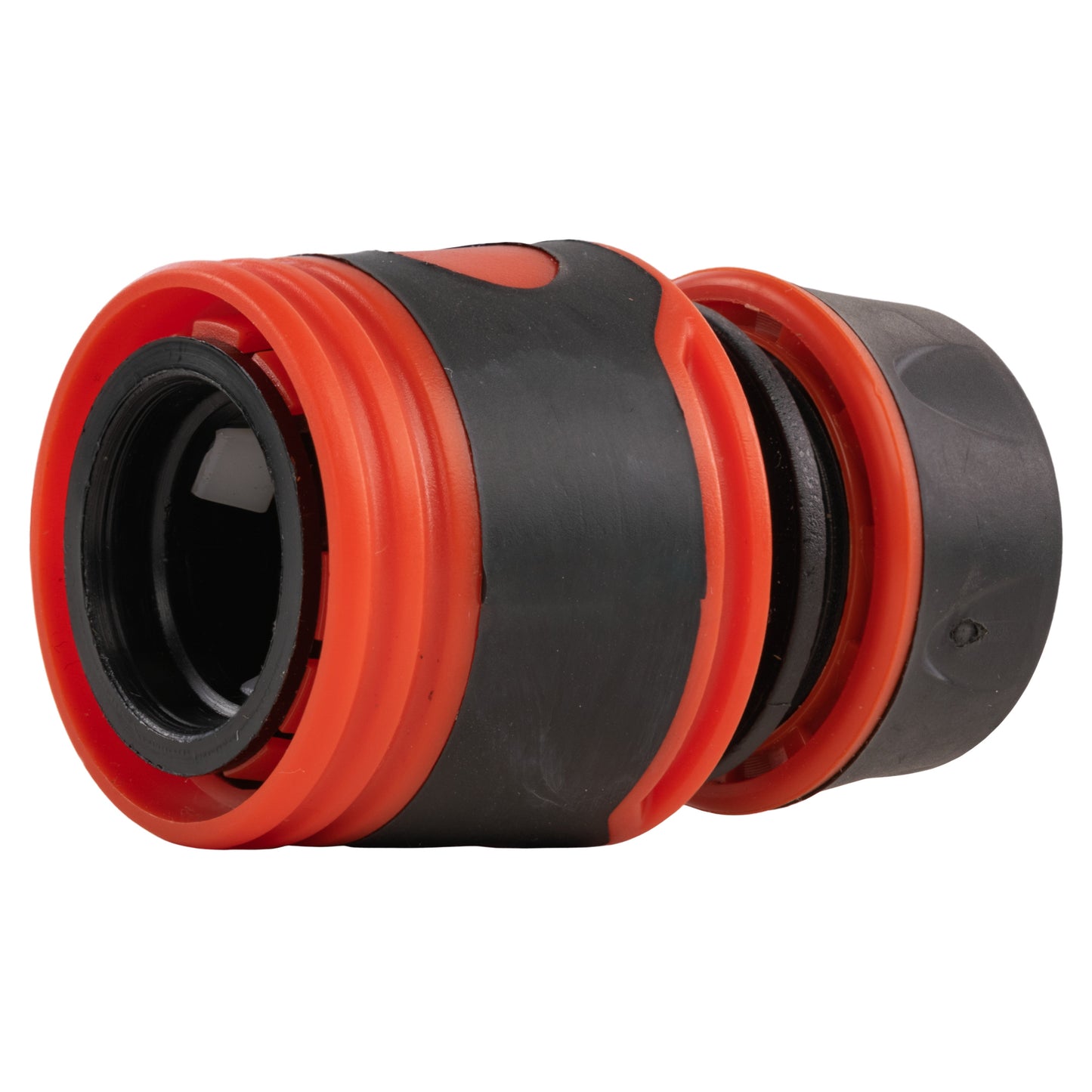 Black quick-connect end fitting with orange collar and centered connection opening