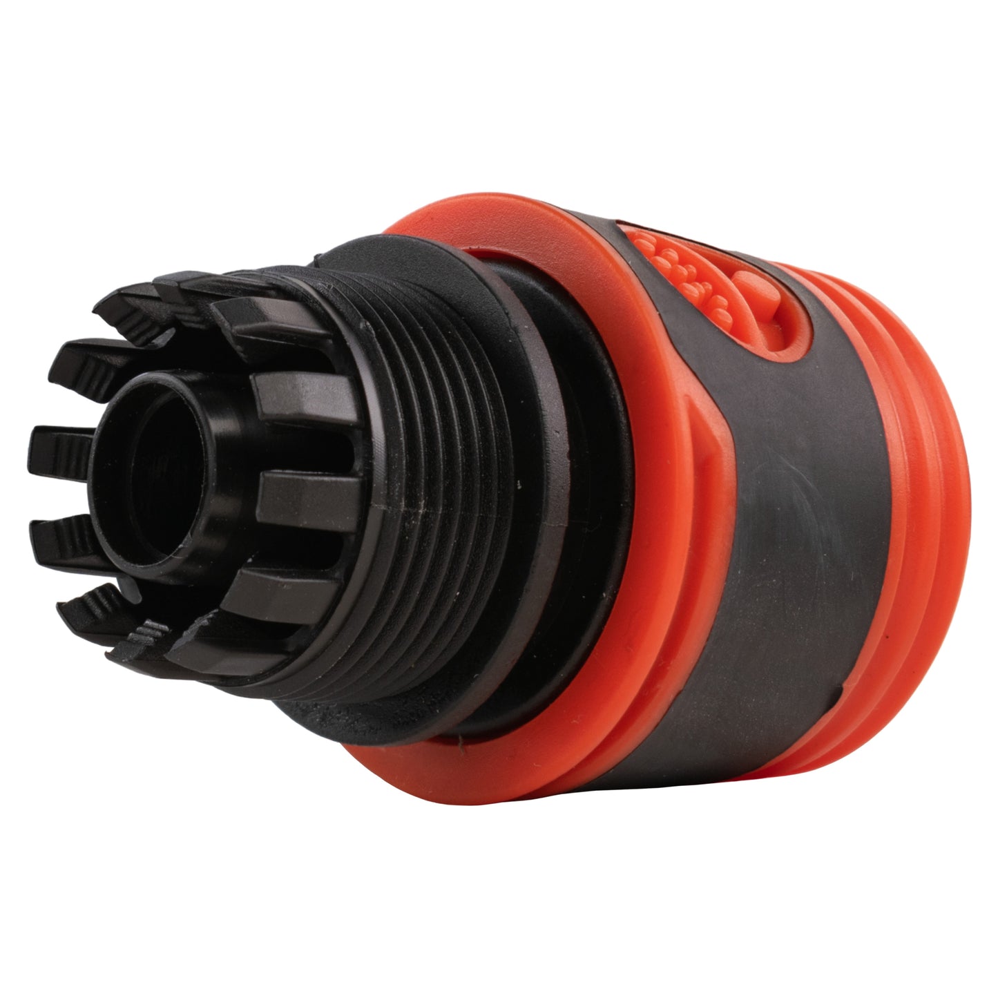 Close-up of barbed quick-connect fitting: black ridged body with orange outer ring