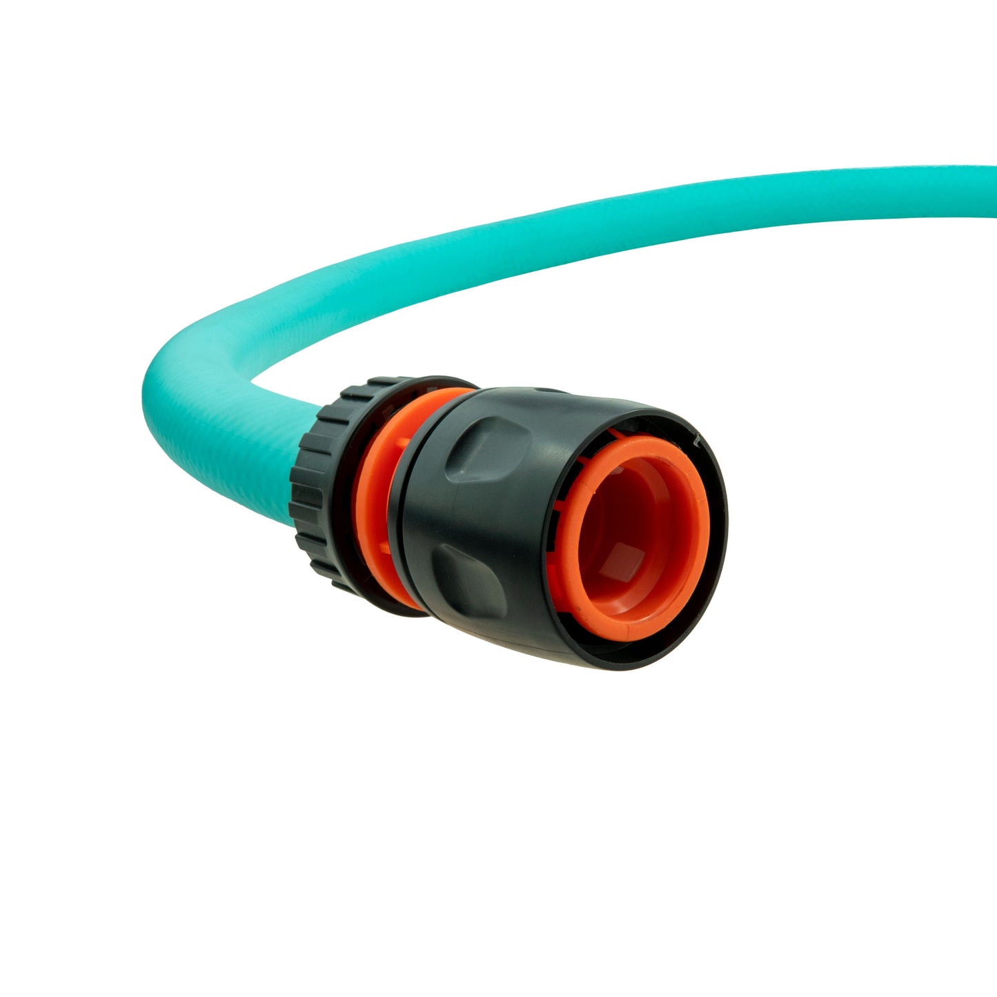 Quick-connect hose connector end with orange insert and black outer ring; hose attached