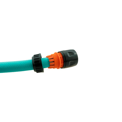 Quick-connect hose connector on barbed fitting with orange ribbed ring