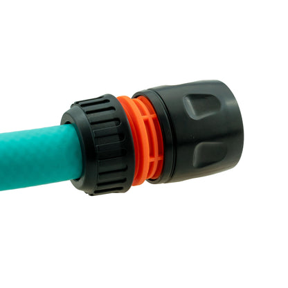 Soaker hose connector with black collar and orange ribbed ring