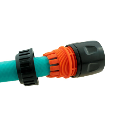 Quick-connect hose connector with orange barb, black collar; hose attached