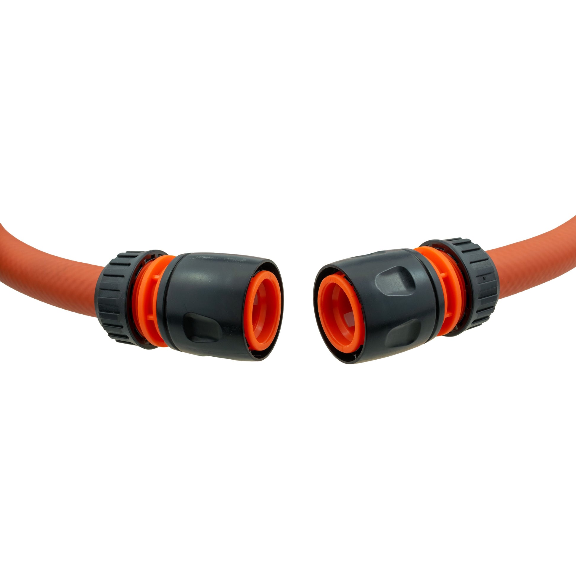 Two connected hose ends with orange rings and black couplers