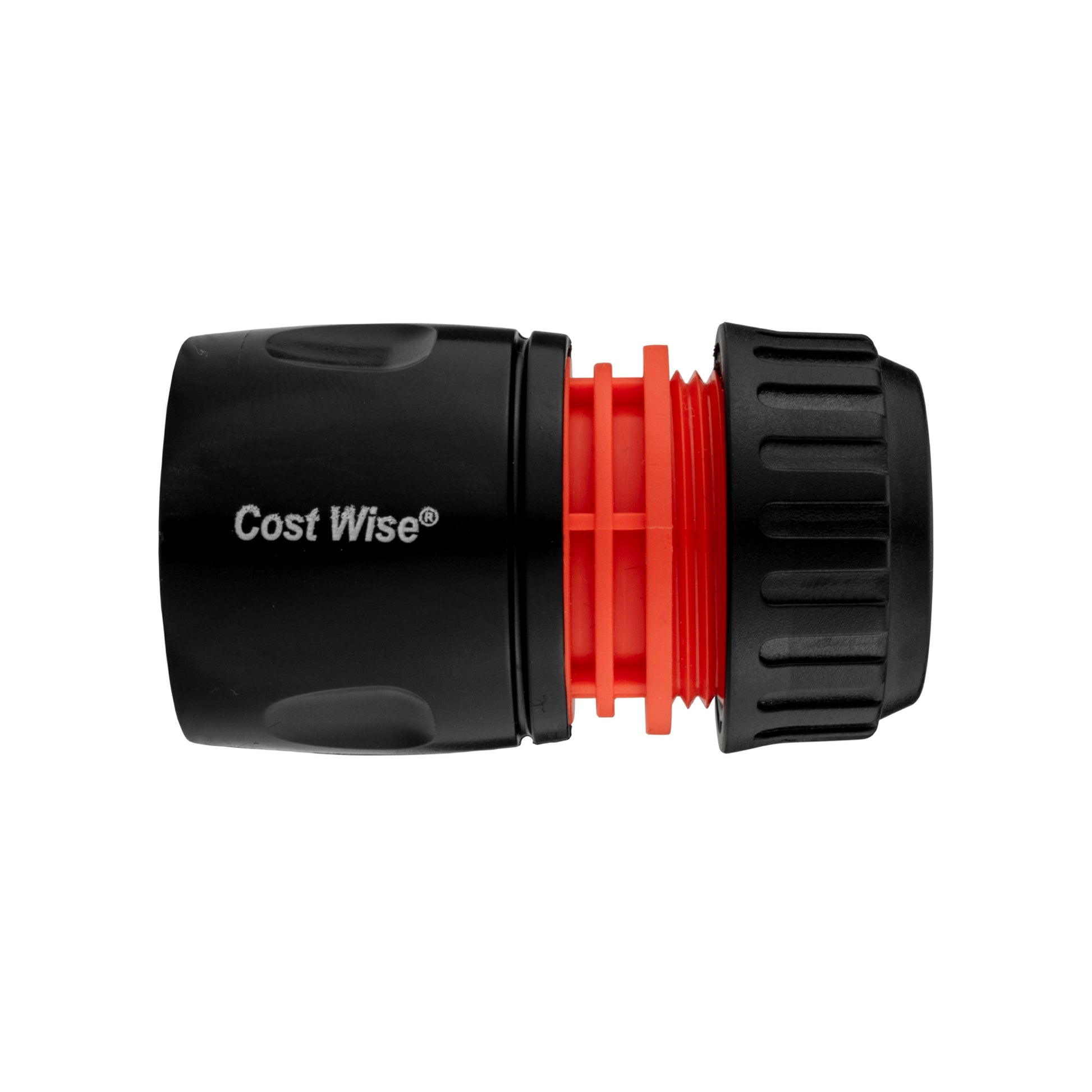 Hose connector coupling with orange ring and black grip texture