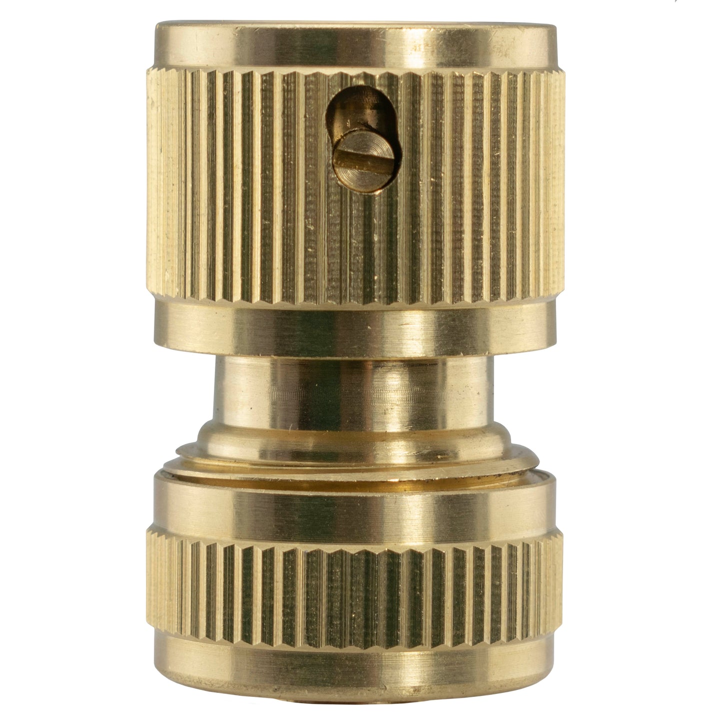 Brass hose connector with ridged grip, internal opening, and small side pin