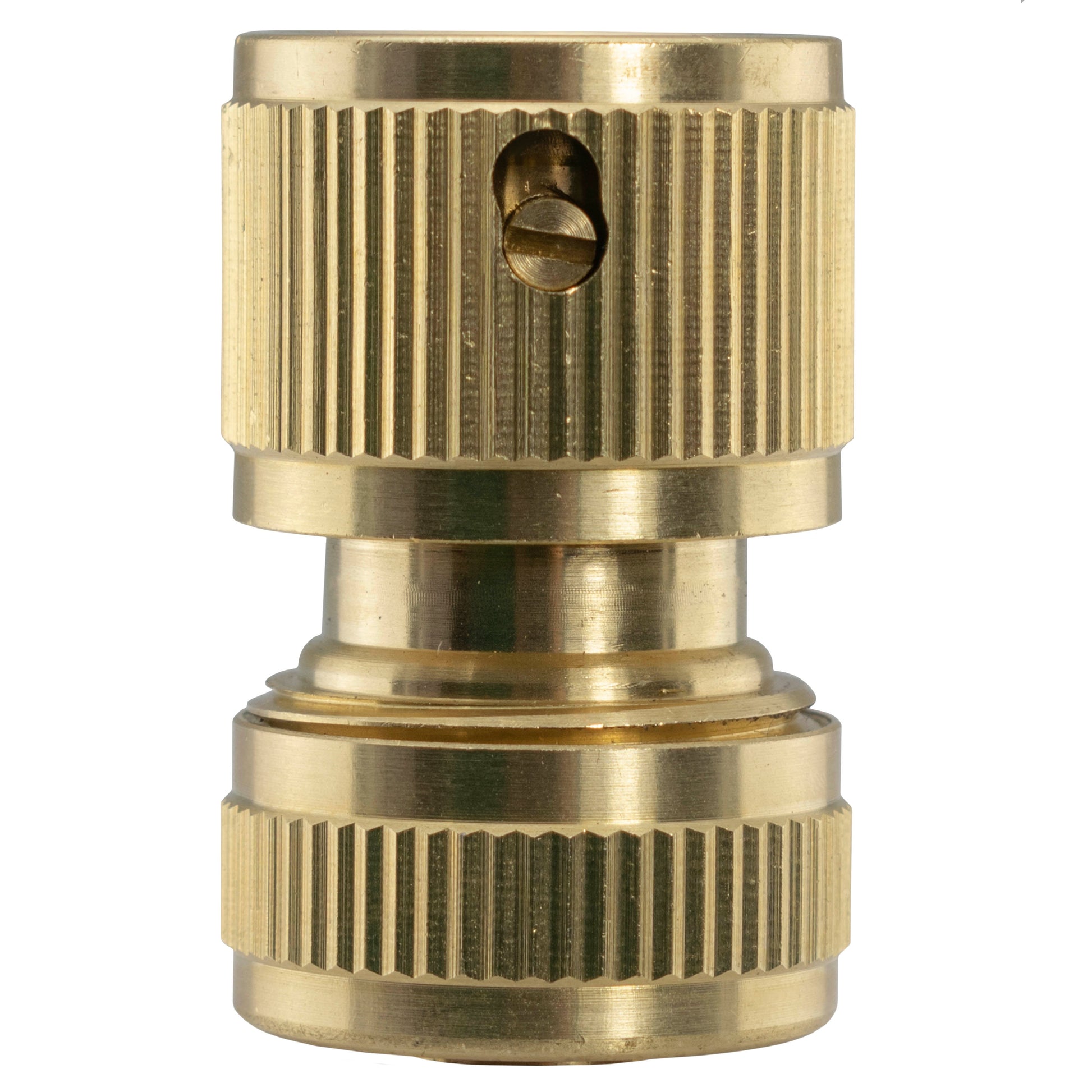 Brass hose connector with ridged grip, internal opening, and small side pin