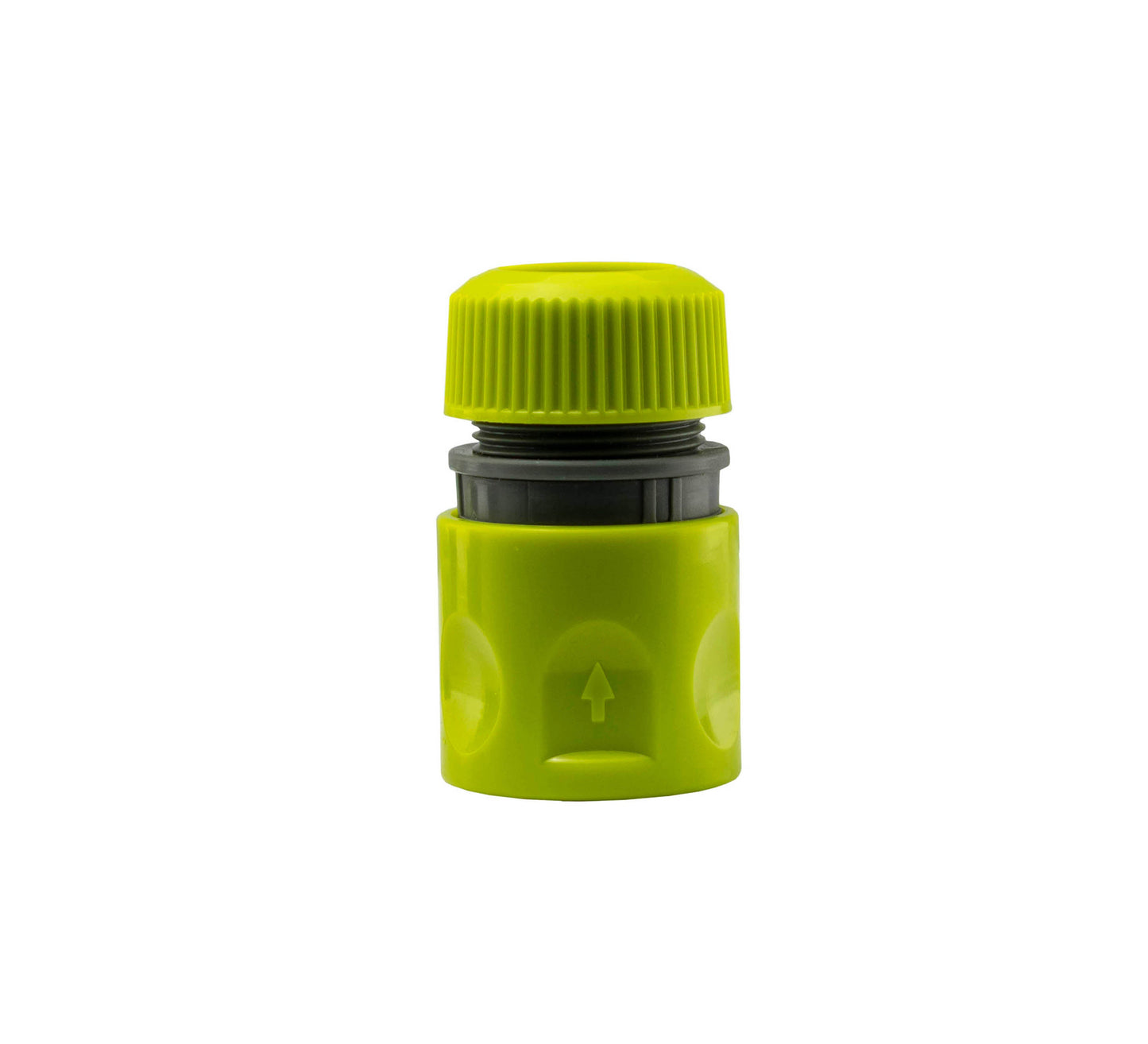 Grüner Click-Lock Schlauchanschluss mit geriffelter Kappe und schwarzem O-Ring