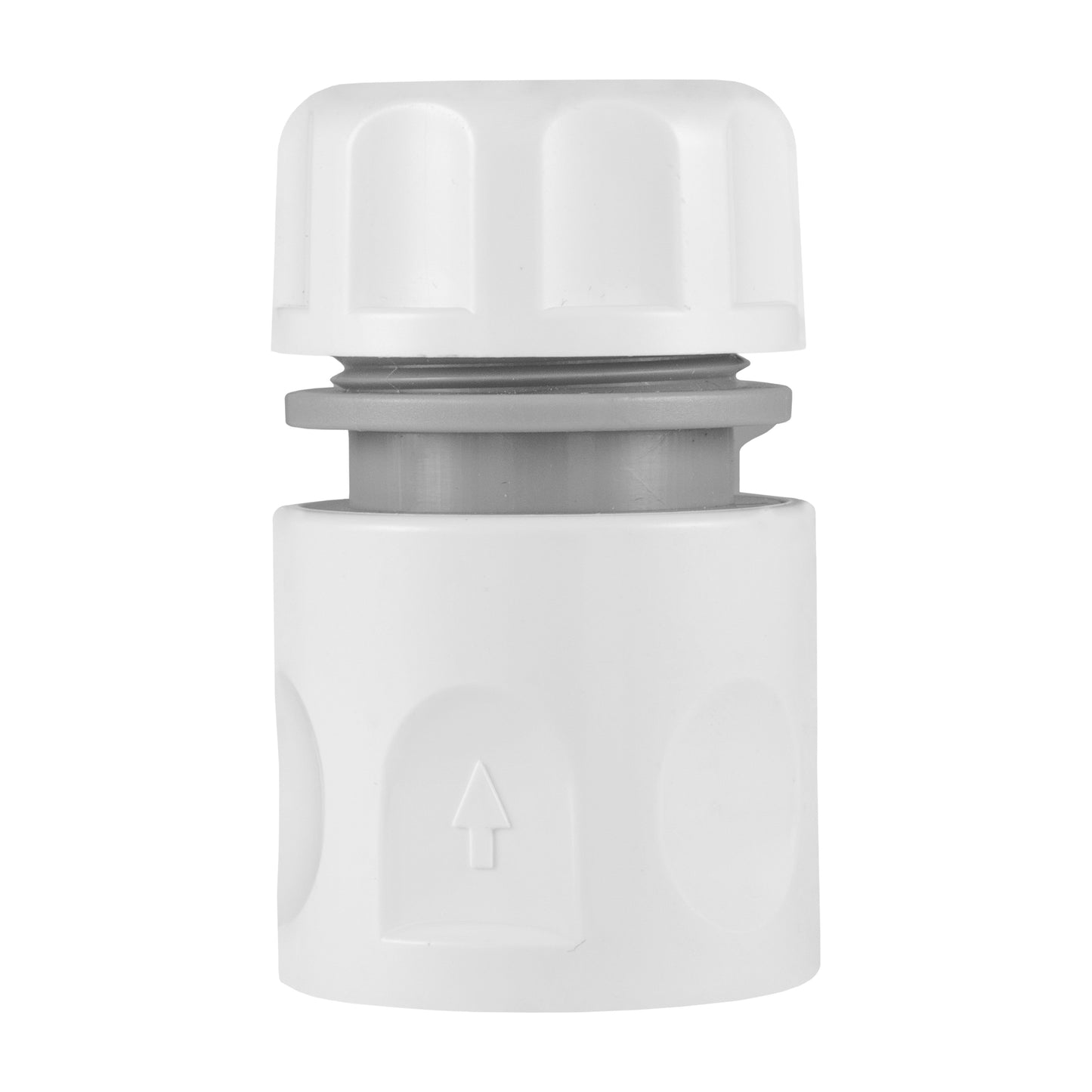 Gray quick-connect hose fitting for yellow garden hose, one connector end